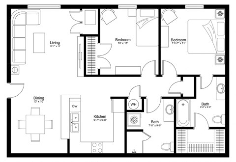 Floor plan for 2 beds, 2 baths, 990 sqft